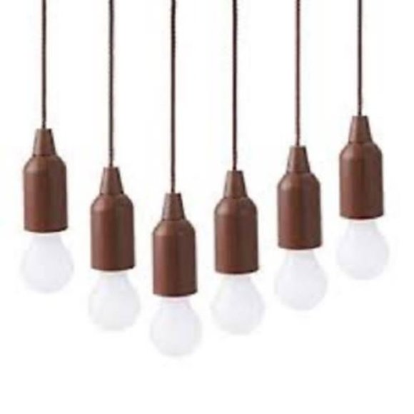 Hanging String LED Pull Lights 6-pack Indoor/Outdoor Remote Brown Wood Look - Picture 1 of 5